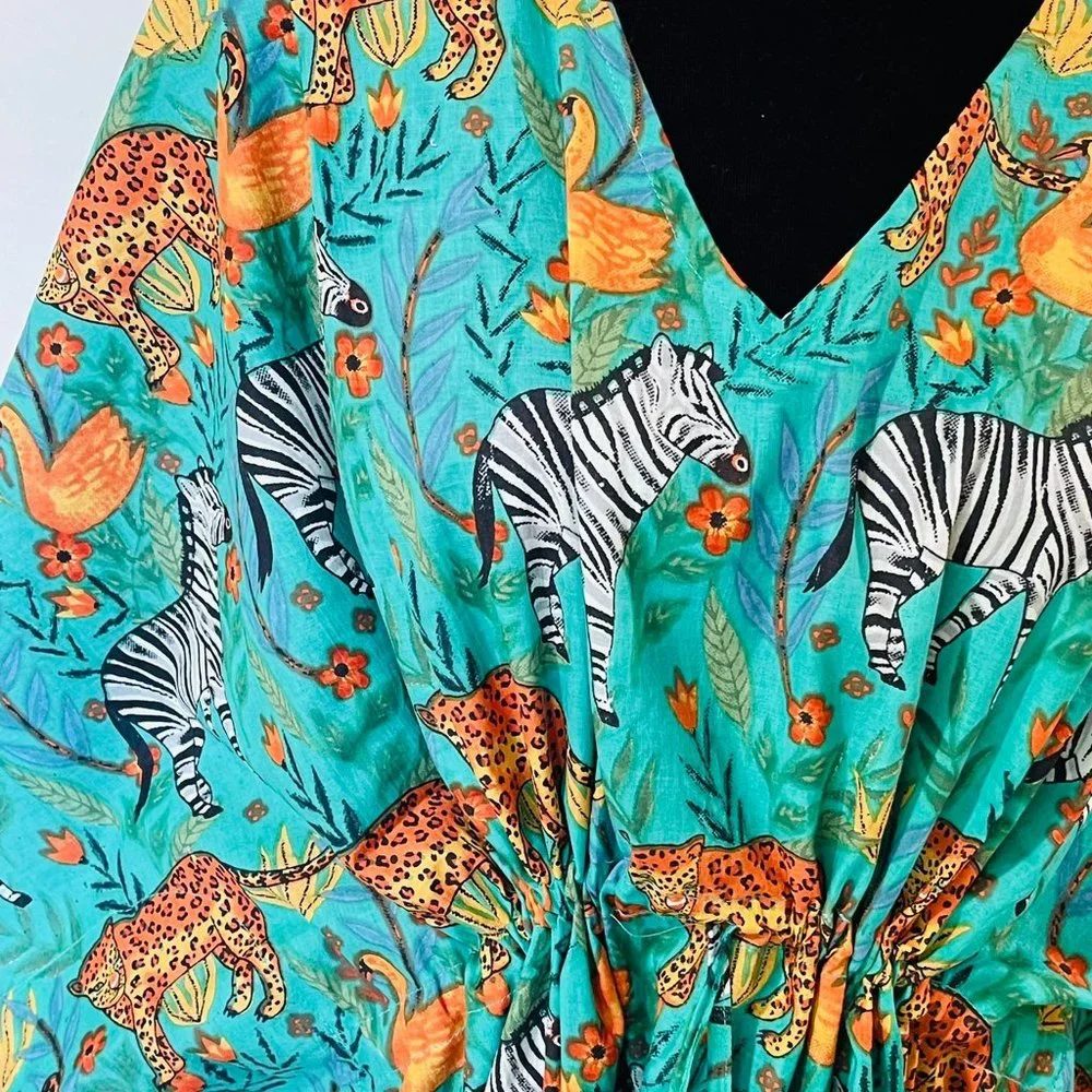 BRAND NEW Turquoise Tiger Print Cotton Kaftan Plus Size Bridesmaid Gown - Picture 5 of 5